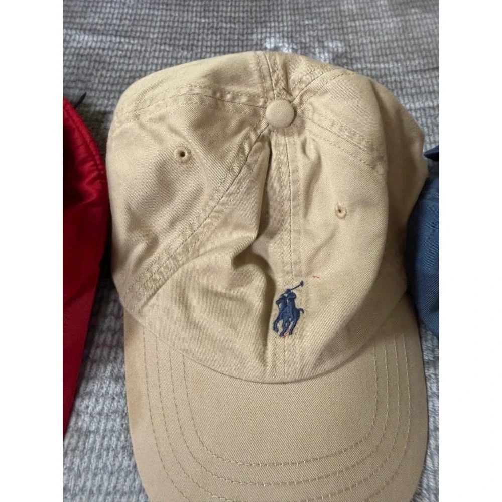Lot of 3 Polo Ralph Lauren Baseball Caps Red Tan Blue Adjustable Pony Logo Hat
